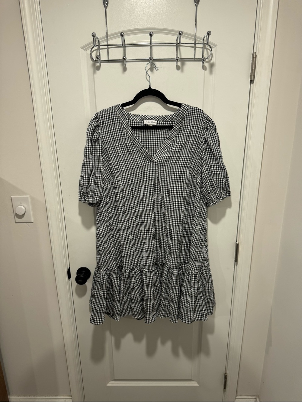 Calvin Klein Black & White Checked V-Neck Mini Dress
